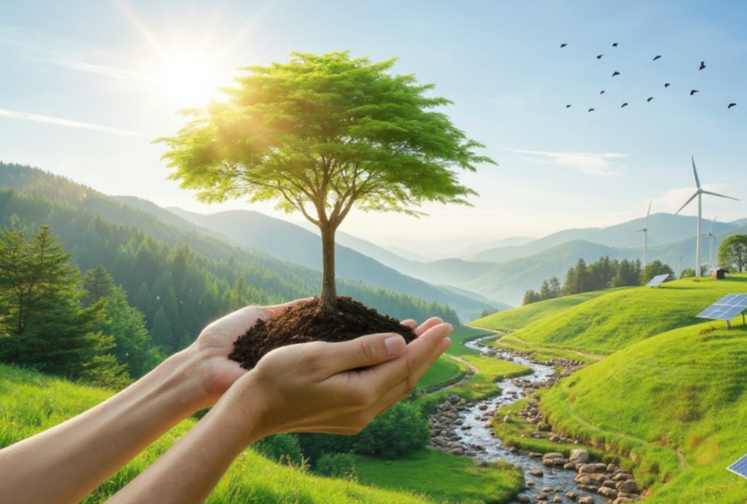 Soluppgång över grönområde och gångväg