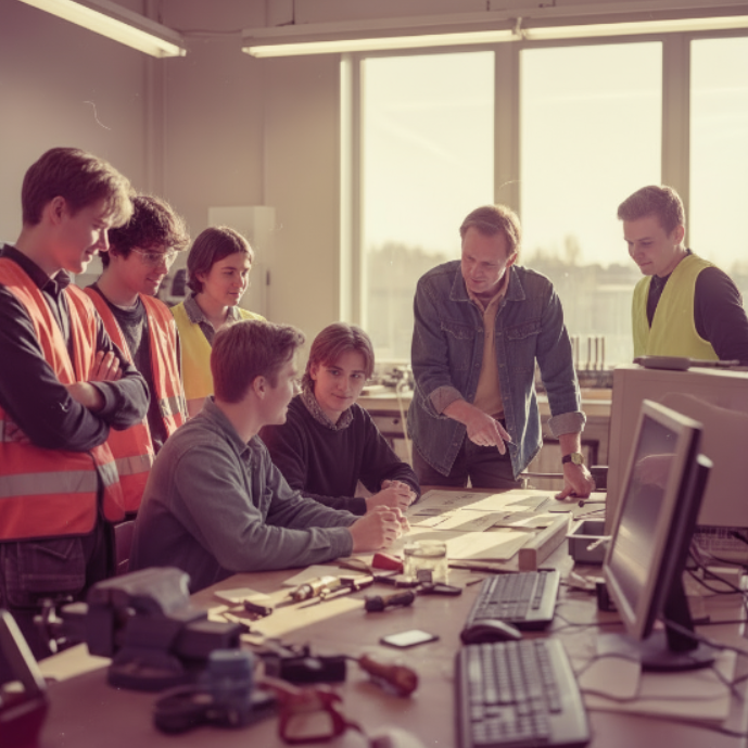 Ungdomar och handledare samarbetar i praktikmiljö